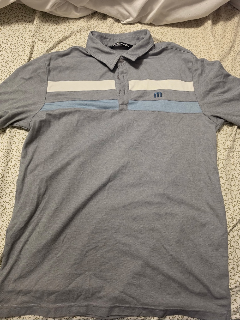Travis Mathew Light Gray Polo with White and Light Blue Stripes